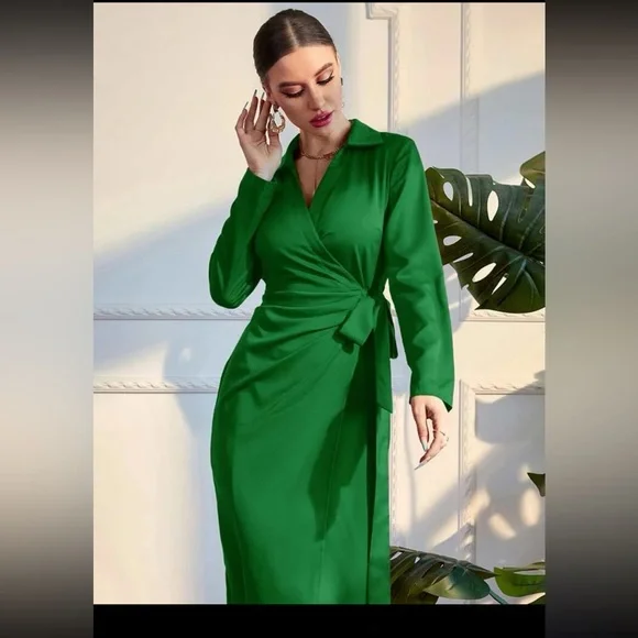 Solid Wrap Tie Side Dress - Picture 2 of 7